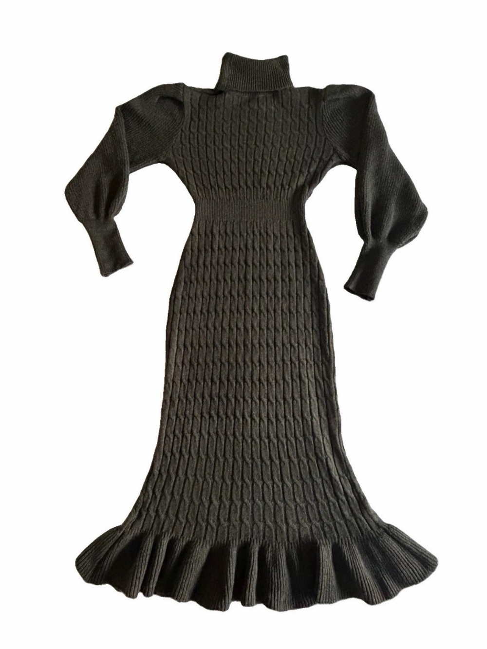 Cable Knit Sweater Dress Womens S Green Gray Turtleneck Bodycon Midi Ruffle Hem